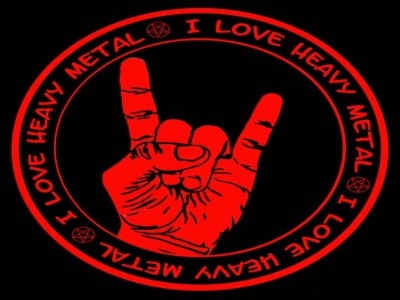 red circle with hand horns in center and with I love heavy metal in-between the circles